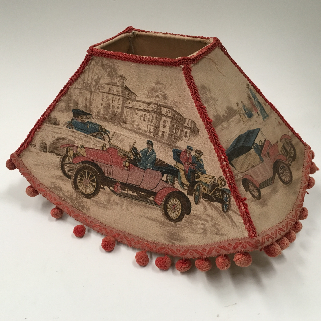 LAMPSHADE, 1950s Wide Tapered w Car Street Scene and Bobble Fringe (Medium)